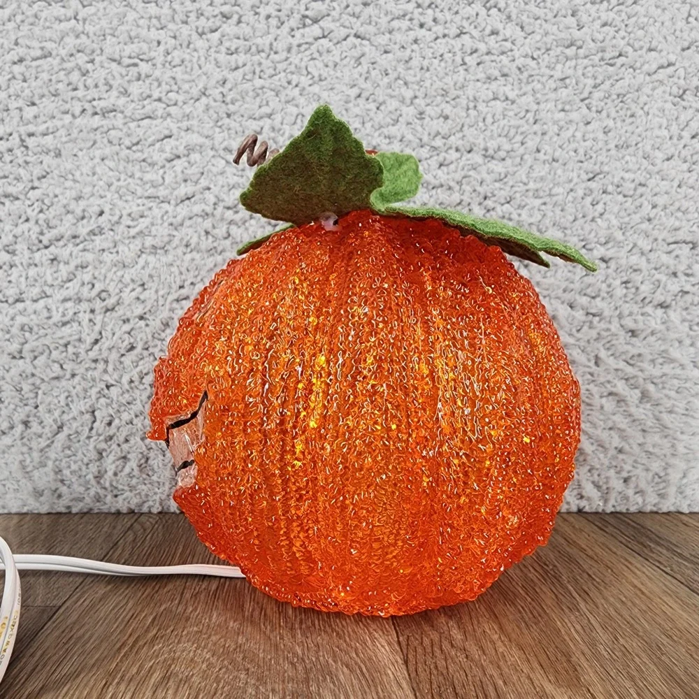Vintage Orange Glass Popcorn Jack O Lantern Pumpkin Tabletop Light 6.5